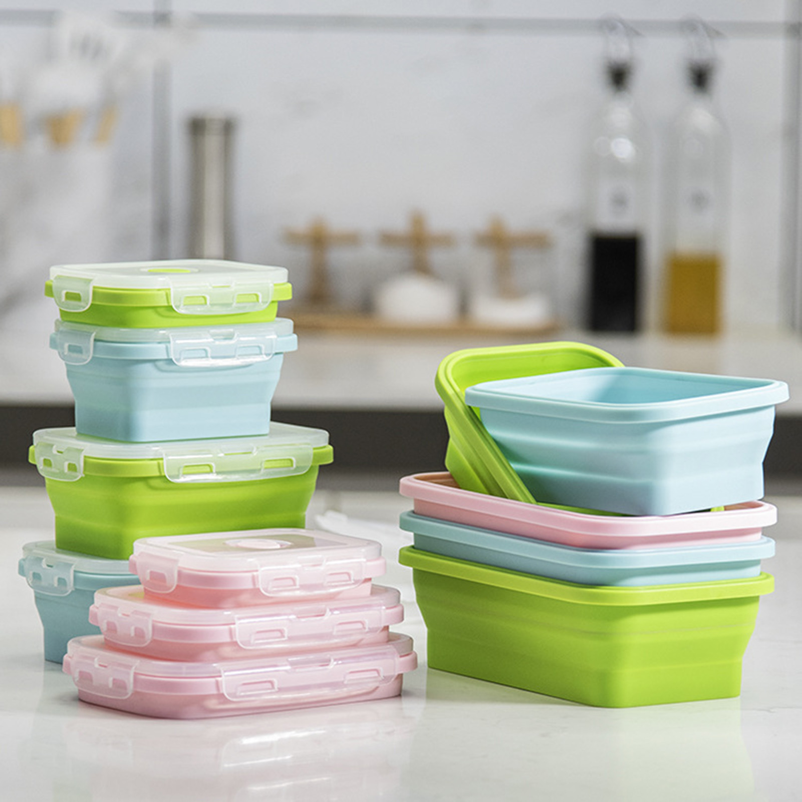 Bento Box - กล่องอาหารซิลิโคน เกรดอาหาร พับเก็บได้ ใช้กับไมโครเวฟได้ พกพาสะดวก กล่องเบนโตะสำหรับสำนักงาน