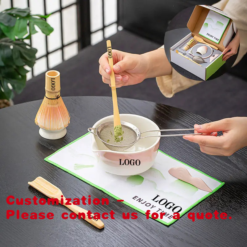 Japanese Tea - ชุดชาญี่ปุ่นแบบดั้งเดิมพร้อมแปรงตีผงมัทฉะ ช้อน ถ้วยเซรามิก ที่วาง และกล่องมัทฉะ